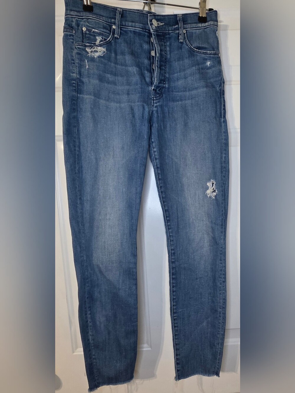 MOTHER Skinny Jeans in Medium Blue with Light Distressing